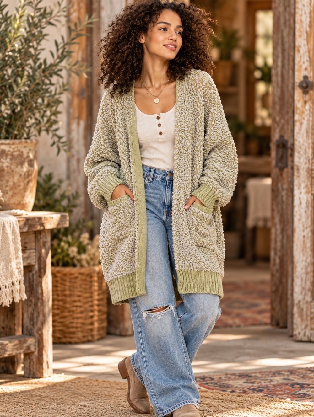 POL Size M Sage Cream Textured Oversized Open Front Cardigan